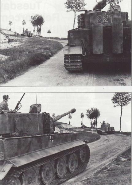 221, 1944 június 7. reggel riadóztatott harckocsik vonulnak az N316-os úton Bézu-la Foret és Morgy felé, észak kelet Normandiában, Under Struman führer Georg Hantusch járműve