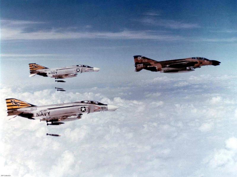 USAF F-4D and two U.S. Navy F-4B Phantom II during a bombing mission over Vietnam c1971.