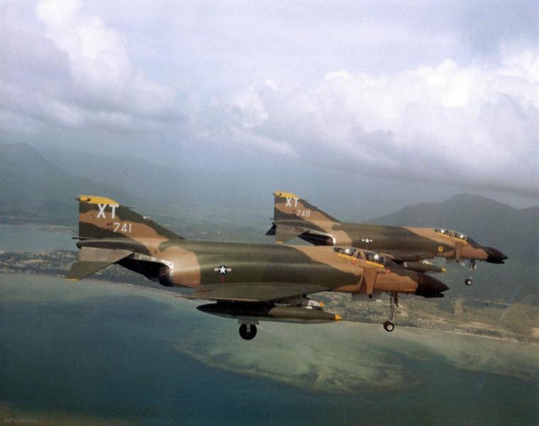 USAF F-4C over Cam Ranh Bay Air Base, South Vietnam, c.1968.